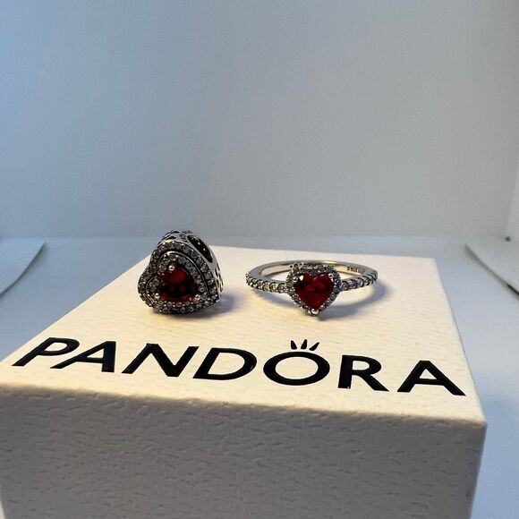 Pandora Elevated Red Heart Ring & Sparkling Leveled Heart Charm - Picture 7 of 12